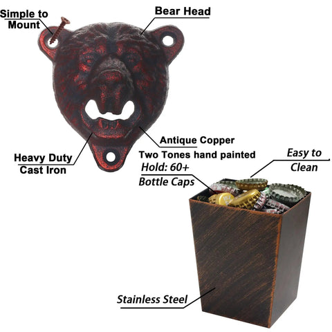 Rugged Cast Iron Bear Head Wall Mounted Bottle Opener With Antique Copper Screws And Built In Cap Catcher For Popping Cold Brews On Your Patio Or Man Cave with cap catcher.