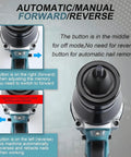 Button controls for Heavy Duty Cordless Rivet Nut Tool With Pro Grade Rechargeable Battery And Complete Head Kit For M3 M4 M5 M6 M8 M10 M12 Blind Inserts Work Like A Champ Zero Hassle.