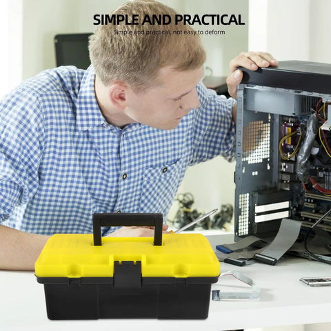 Totally Nifty Portable Plastic Toolbox With Heavy Duty Buckle And Comfy Grip Designed For Mechanics Tool Storage And Everyday Gear Hauling Needs Easy To Use on a desk with a technician