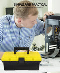 Portable Plastic Tool Box With Secure Buckles Lightweight Durable Storage Case For Outdoor DIY Projects on a workbench.