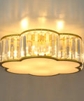 Gold Crystal Flush Mount Ceiling Light With 4 Lights, Modern Brass Frame, Flower Drum Design, lit in a elegant setting