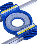 Close-up of Router Sled For Woodworking With Precise Planing Aluminum Alloy Jig featuring blue housing, smooth guide rail, and safety lock.