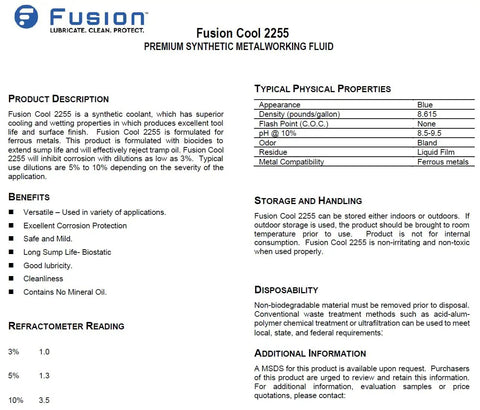 Product information sheet for Fusion Cool 2255, a premium synthetic metalworking fluid with physical properties and handling guidelines.