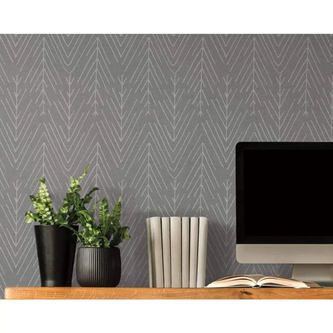 Charcoal Gray Twig Hygge Herringbone Peel And Stick Wallpaper 20.5 Inches Wide 16.5 Feet Long Removable No Residue in home office