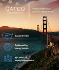 Golden Gate Bridge at sunset, Gatco Fine Bathware logo, USA map icon, Preferred by luxury hotels, 45+ years expertise text.