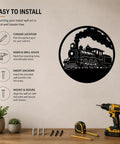 Rustic Steam Locomotive Metal Wall Art Decor For Living Room And Office, Vintage Circular Train Scene Sign with installation guide