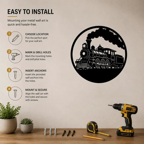 Rustic Steam Locomotive Metal Wall Art Decor For Living Room And Office, Vintage Circular Train Scene Sign with installation guide