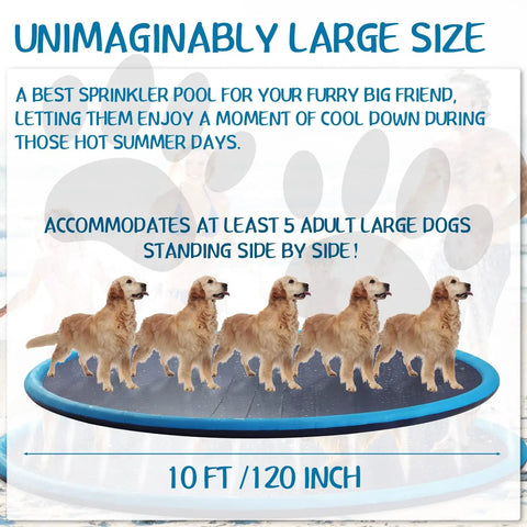 Image of a blue 10 ft extra large non slip splash pad for kids, adults, and dogs, showing five large dogs standing on it. Perfect for backyard fun.