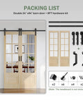 Double 24x84 Inch Clear Glass French Interior Doors With 8Ft Barn Door Hardware Kit Included, shown with components
