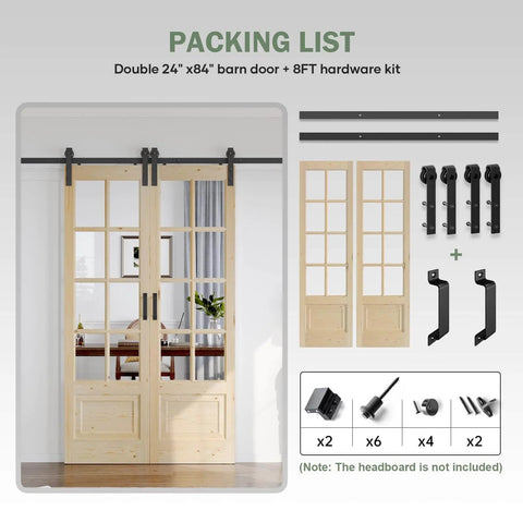 Double 24x84 Inch Clear Glass French Interior Doors With 8Ft Barn Door Hardware Kit Included, shown with components