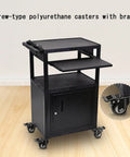 Heavy Duty Swivel Casters With Locking Brakes Roll Like Butter For Shopping Carts And Workbenches Includes Four All Steel Stem Wheels Built To Take Heavy Abuse on a black rolling cart with storage.