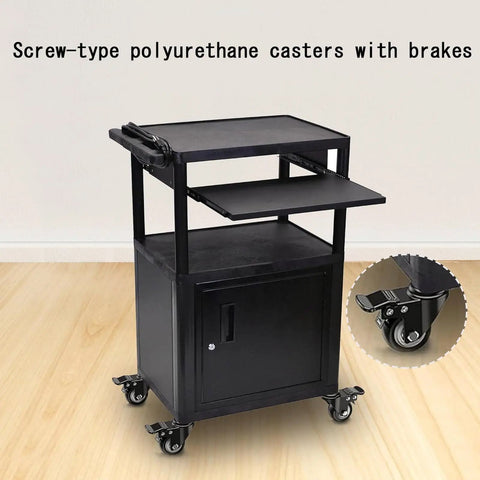 Heavy Duty Swivel Casters With Locking Brakes Roll Like Butter For Shopping Carts And Workbenches Includes Four All Steel Stem Wheels Built To Take Heavy Abuse on a black rolling cart with storage.