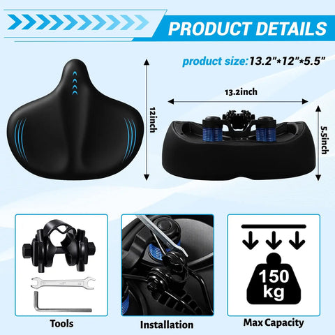 Ultra Wide Oversized Bike Seat Cushion With Comfy Memory Foam For Men And Women Waterproof Universal Saddle Upgrade For Road Mountain City Bikes Ride All Day Pain Free, 13.2x12x5.5 inch