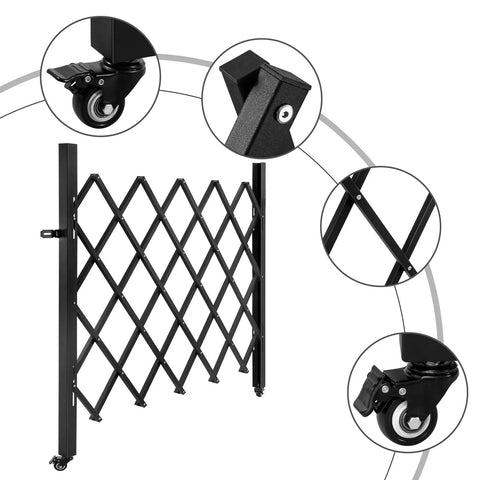 Heavy Duty Steel Frame Folding Security Gate With Smooth Ride Casters And Locks Solid Scissor Shield For Home Or Office Fortify Entrance In Durable Black with close-up of lock and caster details.