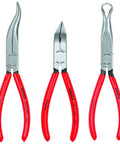 Pro-Grade Three Piece Long Nose Pliers Tool Set For Precision Gripping And Bend-Back Jaws, shown with red handles.