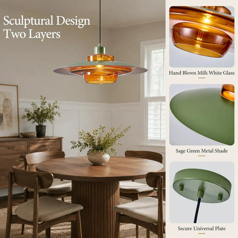 Amber Glass Pendant Light Modern: 19-inch Metal Chandeliers For Dining Room over a wooden table with vase and greenery.