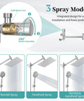 Diagram showing 3 spray modes of High Pressure Rain Shower Head With Handheld And 9 Settings, 8 Inch Rainfall Shower Head with extension arm