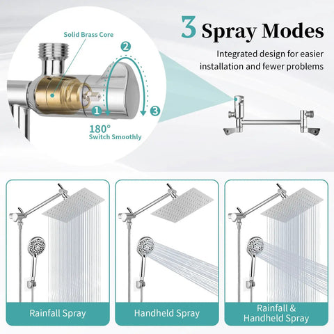 Diagram showing 3 spray modes of High Pressure Rain Shower Head With Handheld And 9 Settings, 8 Inch Rainfall Shower Head with extension arm