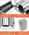 Spring Loaded Stainless Steel Shovel Holder Built For Heavy Duty Tool Racks On Dump Trucks Trailers Garages And Sheds Keeps Shovels Rakes Hoes And Snow Tools Secure On Walls With Easy Four Pre Drilled Mounts image showing spring mechanism and stainless steel construction