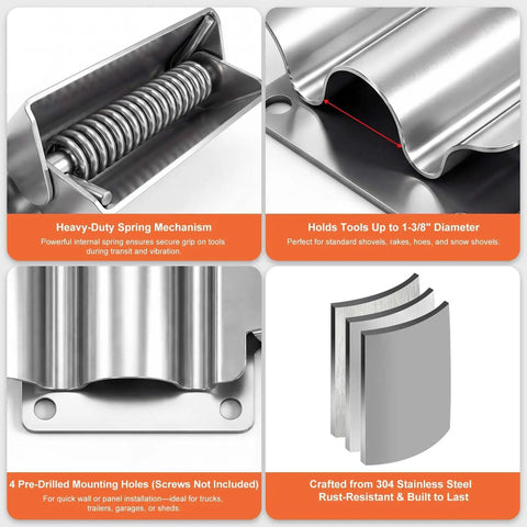 Spring Loaded Stainless Steel Shovel Holder Built For Heavy Duty Tool Racks On Dump Trucks Trailers Garages And Sheds Keeps Shovels Rakes Hoes And Snow Tools Secure On Walls With Easy Four Pre Drilled Mounts image showing spring mechanism and stainless steel construction
