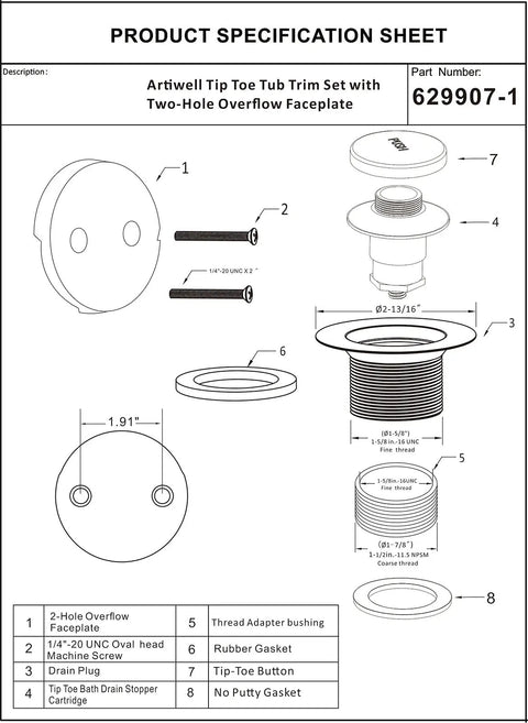 Tap To Open Close Bath Drain Trim Kit In Matte Black With Two Hole Overflow Faceplate No Plumber Gasket No Putty Required Set Diagram