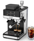 Straight Up Home Cafe Essential With Fully Integrated Bean Grinder And Heavy Duty 20 Bar Italian Pump For Perfect Latte Cappuccino And Quick Cold Brew Refills Daily, showing espresso maker with built-in grinder and iced coffee.