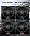 Roll Smooth Premium Leather Steering Wheel Cover Custom Fit For GMC Models featuring four style options: A, B, C, D with contrast stitching.