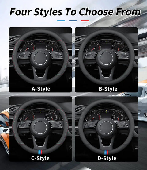 Roll Smooth Premium Leather Steering Wheel Cover Custom Fit For GMC Models featuring four style options: A, B, C, D with contrast stitching.