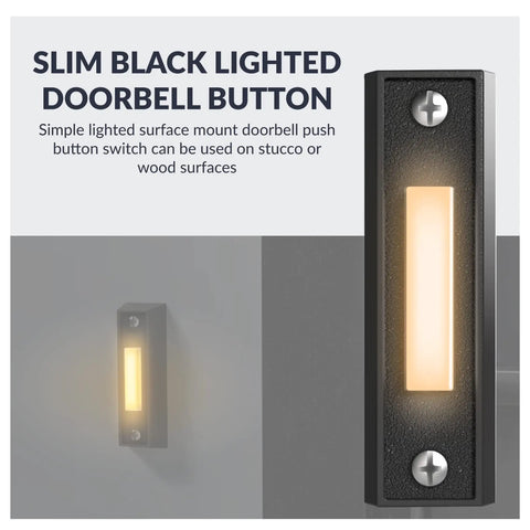 LED Lighted Doorbell Button In Black Plastic, Classic Rectangular Design, mounted on surface, glowing LED light