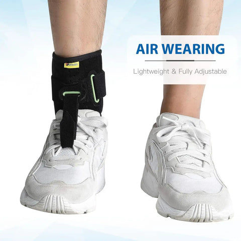 Person wearing Foot Drop Ankle Brace Orthosis With Cushioned Adjustable Wrap Compression For Easier Walking Gait Pain Relief