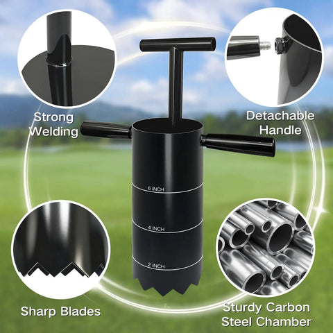 Portable Golf Hole Cutter With Detachable Handle, Stainless Steel Hole Digger showing features like strong welding and sharp blades.