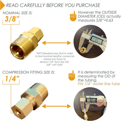 Front view of brass ice-maker water line fitting, 3/8 NPT male x 1/4 compression, 5-pack