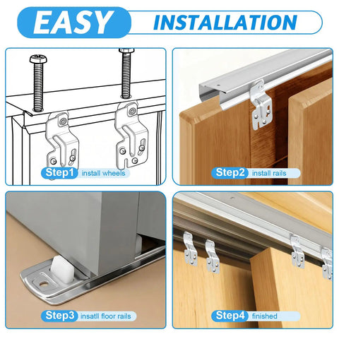 Installation steps for 72 Inch By-Pass Closet Track Kit For Sliding Doors With Brass-Plated Pulls And Offset Rollers.