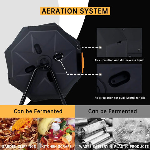 Dual Chamber 43 Gallon Compost Tumbler With Sliding Doors, BPA Free Rotating Batch System showing aeration system and materials