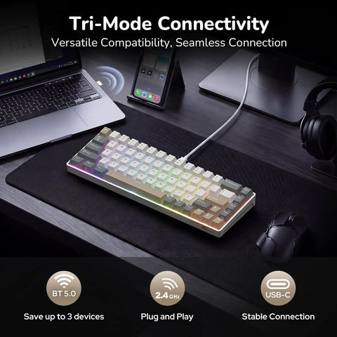 Pro Level Compact 65 Wireless Mechanical Keyboard Featuring Sick RGB Backlighting And Ultra Slim Build, shown with tri-mode connectivity.