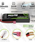 7.4V 1500mAh 100C 2S LiPo Battery with Soft Case and Dean-Style T Connector for RC models, detailed dimensions and features highlighted