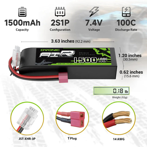 7.4V 1500mAh 100C 2S LiPo Battery with Soft Case and Dean-Style T Connector for RC models, detailed dimensions and features highlighted