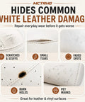 No Sweat Professional Leather And Vinyl Repair Kit For Seamlessly Blending White Cream And Light Gray Color Shades Onto Sofas Home Couches Car Boat And Bags showing common white leather damage examples.