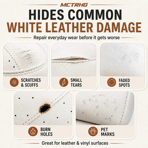 No Sweat Professional Leather And Vinyl Repair Kit For Seamlessly Blending White Cream And Light Gray Color Shades Onto Sofas Home Couches Car Boat And Bags showing common white leather damage examples.