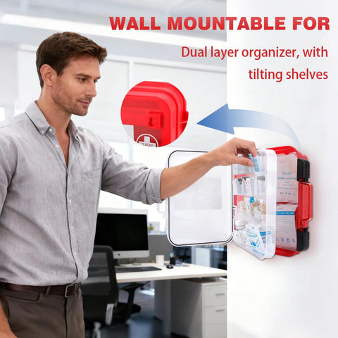 TLIEAO red wall-mounted 400-piece all-purpose first aid kit with dual-layer organizer, installed