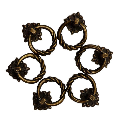 6 Pieces Vintage Bronze Drop Ring Knobs And Pulls For Dresser Drawers Cabinets, Antique Single Hole Decorative Hardware With Screws