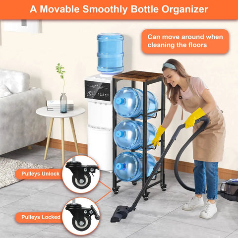 Heavy Duty Workhorse Three Tier Water Bottle Holder Holds Five Gallon Jugs Rolls Smooth On Lockable Casters With Rust Resistant Steel And Solid Wood Top Shelf Knocks Out Clutter In Any Garage