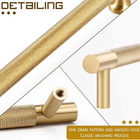 Close-up of four pack 3 inch solid brass cabinet pulls in brushed gold finish showing fine grain pattern and smooth edges.