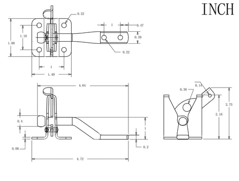 Technical diagram of Self Locking Gate Latch With Post Mount For Wood Fence Gates, Automatic Gravity Lever, 4.7 Inch Black Finish.