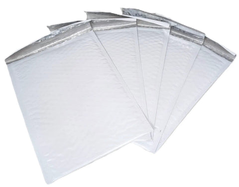 100 Pack 7.25 By 11.25 Inch White Poly Bubble Mailers With Self Seal Closure Tear Resistant Padded Envelopes displayed fanned out