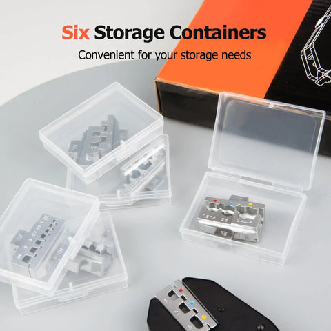 Six Piece Pro Grade Crimping Tool Set With Ratcheting Wire Crimper And Six Interchangeable Dies in storage containers