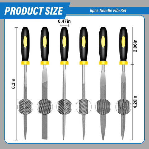 Six Piece Pro Grade Metal Needle File Set Hardened Alloy Steel With Two Flat Files Round Half Round Triangle Square And Warding Files Size Chart
