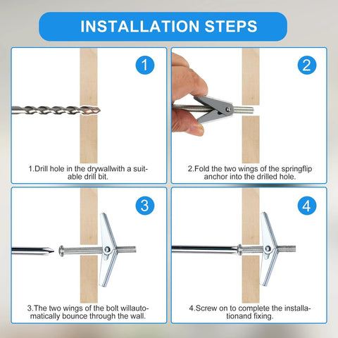 Installation steps for 123 Piece Toggle Bolt And Wing Nut Kit For Hollow Walls Heavy Duty Drywall Anchors Illustrated Guide