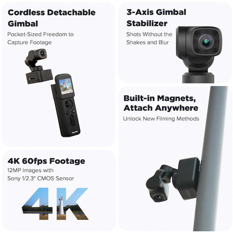 Pocket 3 Kit Handheld 4K Vlogging Camera With 3 Axis Gimbal And Image Stabilization showing detachable gimbal and magnetic attachment