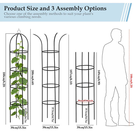 All Metal 6.6Ft Obelisk Trellis 2 Pack product dimensions and assembly options, shown with silhouette for scale.